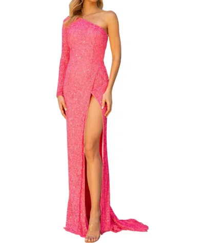 Primavera One Shoulder Thigh-high Slit Prom Dress In Neon Pink