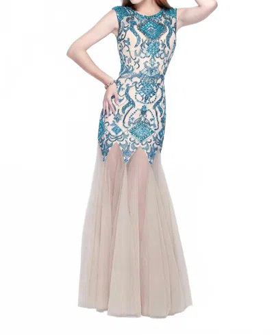 Primavera Open Back Elegant Evening Gown In Peacock In Blue