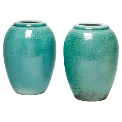 Pre-owned Primavera Pair Of Art Deco Green 1930 Ceramic Vase Signed Height 25 Cm