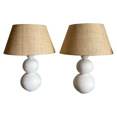 Pre-owned Primavera Pair Of Plaster Lamps With Raffia Shades In Sand