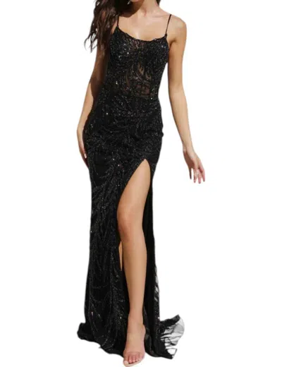Primavera Scoop Neck Lace Up Back Prom Dress In Black