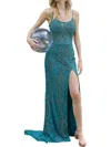 Primavera Scoop Neck Lace Up Back Prom Dress In Teal In Blue