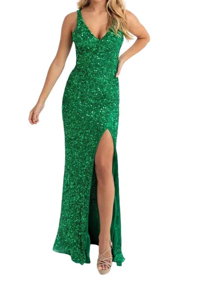 Primavera Sleeveless Crisscross Straps Gown In Emerald In Gold