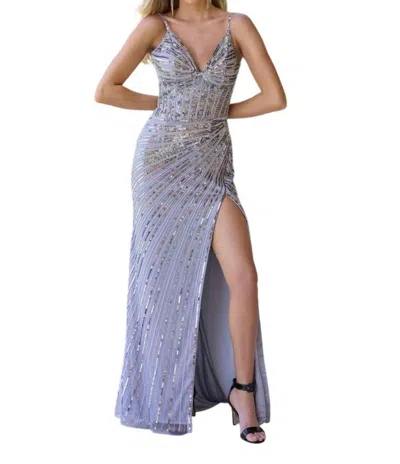 Primavera Sleeveless Floor-length Sequin Evening Gown In Platinum In Blue