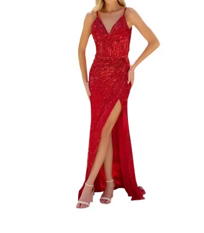 Primavera Sleeveless Floor-length Sequin Evening Gown In Red In Animal Print