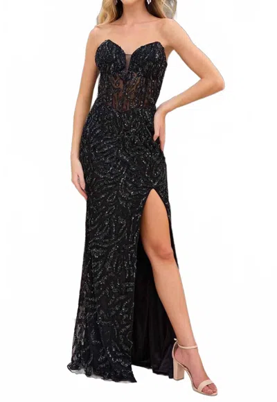Primavera Strapless Beaded Sequin Prom Dress In Black