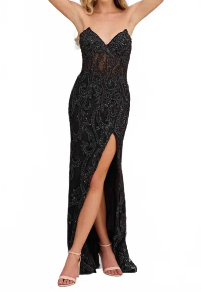 Primavera Strapless Long Beaded Prom Dress In Black