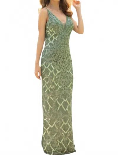 Primavera V Neck Open Low Back Prom Dress In Sage Green