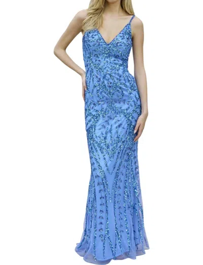 Primavera V-neck Sequined Prom Dress In Azure In Blue