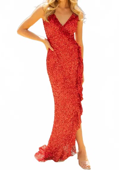 Primavera V-neck Ruffled Sequin Evening Gown In Red