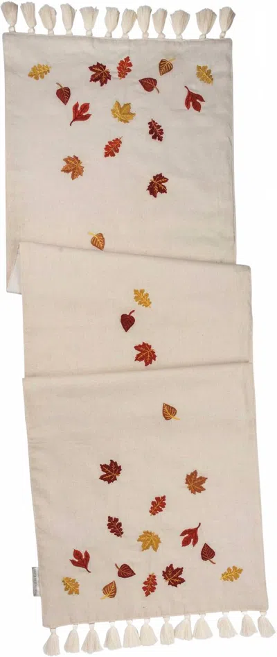 Primitives By Kathy Falling Leaves Embroidered Linen Table Runner In Beige In Brown