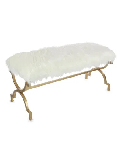 Primrose Valley Iron, Chinese Red Pine Wood & Faux Fur Bench In White