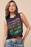 Prince Peter Cassette Black Multi Graphic Muscle Crop Tank Top In Black