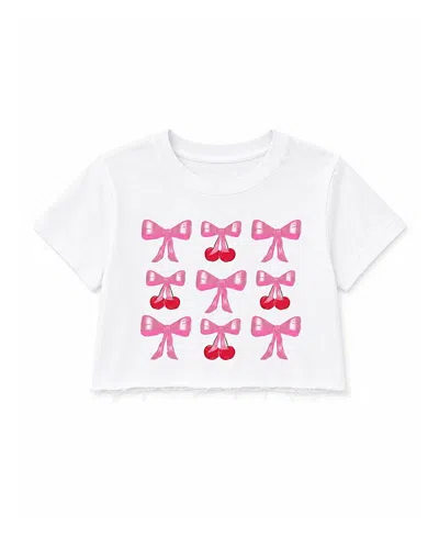 Prince Peter Collection Girls' Bows And Cherries Grid Distressed Crop Top - Big Kid In White