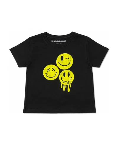 Prince Peter Collection Girls' Drippy Three Happy Face Crew Tee - Big Kid In Black