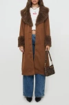 Princess Polly After Party Faux Suede Long Coat With Faux Shearling Trim In Brown
