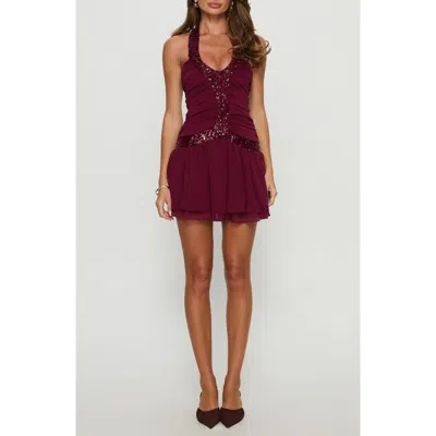 Princess Polly Aisleigh Mesh Overlay Sequin Detail Halterneck Shirred Detail Mini Dress In Red