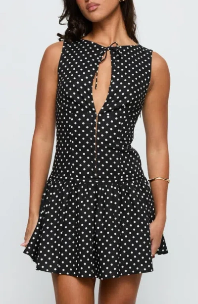 Princess Polly Alissea Polka Dot Keyhole Linen Blend Minidress In Black