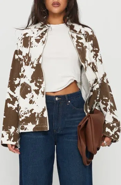 Princess Polly Another Life Zip Through Cow Print Jacket In Brown