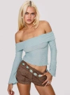 Princess Polly Back With Love Textured Off The Shoulder Long Sleeve Top In Blue
