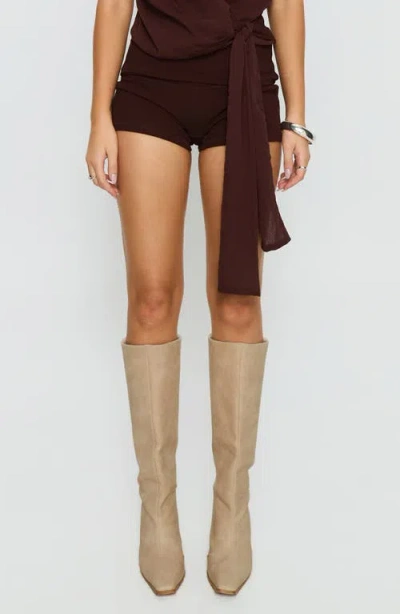 Princess Polly Baseline Foldover Rib Stretch Cotton Shorts In Brown