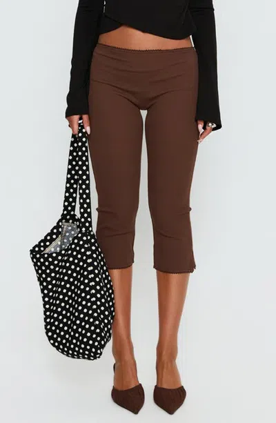 Princess Polly Baseline Ribbed Lace Trim Capri Pants In Brown