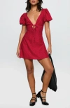 Princess Polly Beloved Polka Dot Puff Sleeve Linen Blend Minidress In Red