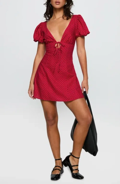 Princess Polly Beloved Polka Dot Puff Sleeve Linen Blend Minidress In Red