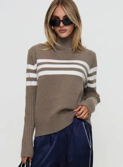 Princess Polly Bessemer Funnel Neck Knit Sweater In Mocha Stripe