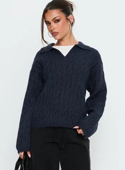 Princess Polly Brodey Collared Cable Knit Sweater In Blue