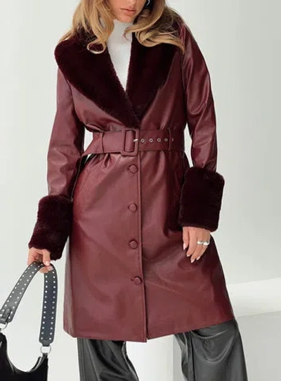 Princess Polly Brooklyn Faux Leather Longline Coat In Burgundy