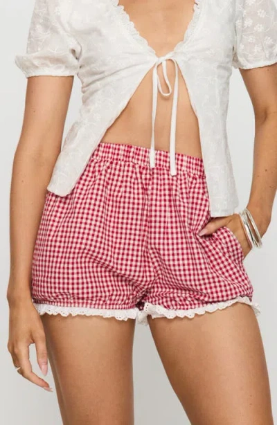 Princess Polly Bruncheon Check Lace Trim Shorts In Red/white