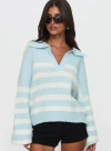 Princess Polly Carolena Long Sleeve Collared Knit Sweater In Blue / White