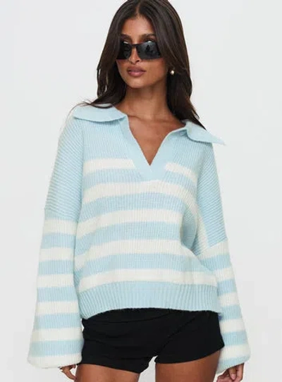 Princess Polly Carolena Long Sleeve Collared Knit Sweater In Blue / White