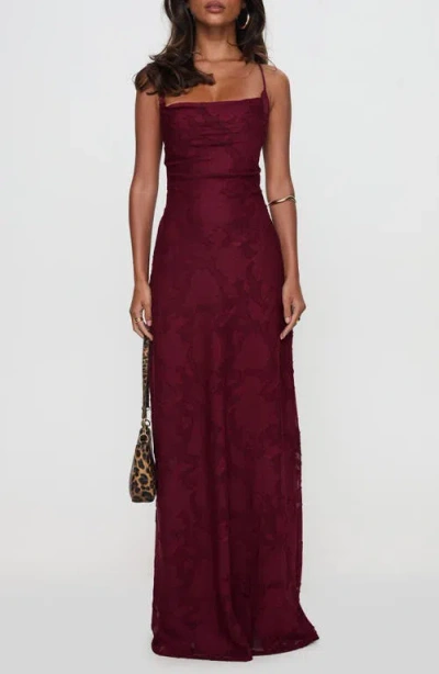 Princess Polly Celina Floral Jacquard Strappy Back Gown In Burgundy