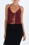 Princess Polly Chantria Split Tie Front Halter Top In Burgundy