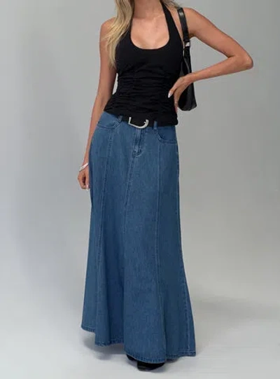 Princess Polly Charleigh Soft Pleat Denim Maxi Skirt Mid Blue Wash In Animal Print