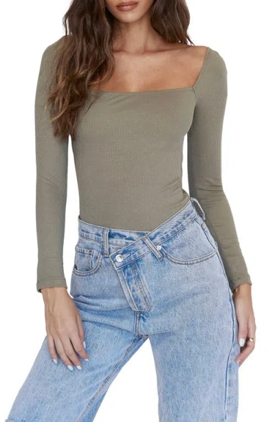 Princess Polly Charlotte Long Sleeve Rib Bodysuit In Khaki