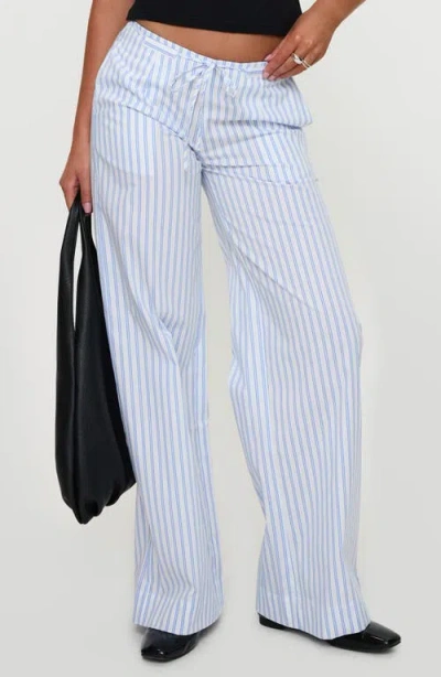 Princess Polly Collied Stripe Wide Low Rise Leg Drawstring Pants In Blue / White Stripe