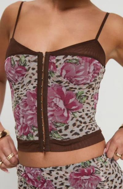 Princess Polly Colton Floral Leopard Mesh Corset Camisole In Brown