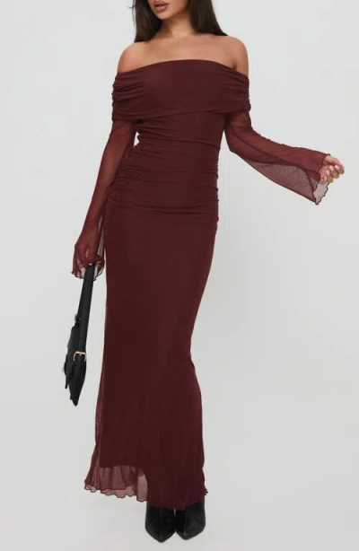 Princess Polly Consideration Off The Shoulder Long Sleeve Mesh Maxi Dress In Brown