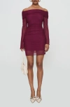 Princess Polly Consideration Off The Shoulder Long Sleeve Mesh Minidress In Burgundy