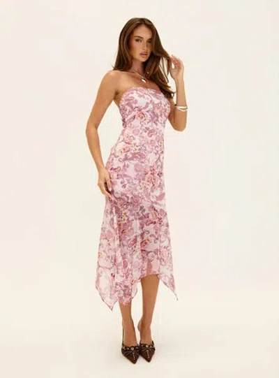 Princess Polly Coralis Strapless Asymmetrical Midi Dress Pink Paisley