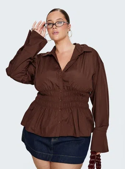 Princess Polly Curve As You Are Shirred Button Up Top In Brown