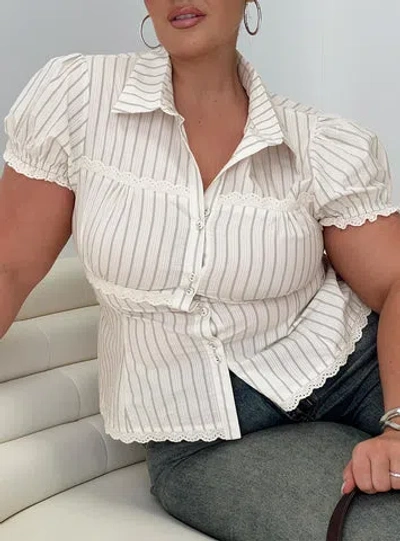 Princess Polly Curve Deserve You Puff Sleeve Button Front Top In Cream Stripe