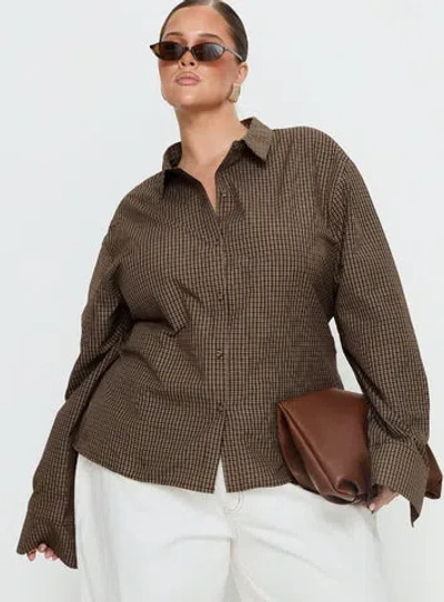 Princess Polly Curve Xinia Tie Waist Long Sleeve Shirt In Brown