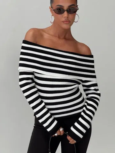 Princess Polly Danyel Off The Shoulder Sweater In Black / White Stripe
