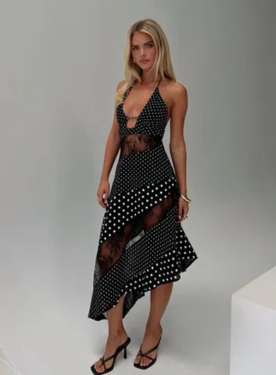 Princess Polly Down With Love Asymmetrical Midi Dress Black / White Polka