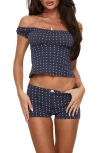 Princess Polly Drift Away Polka Dot Off-the-shoulder Cotton Top & Shorts Set In Blue
