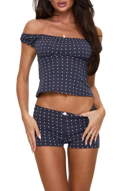 Princess Polly Drift Away Polka Dot Off-the-shoulder Cotton Top & Shorts Set In Blue